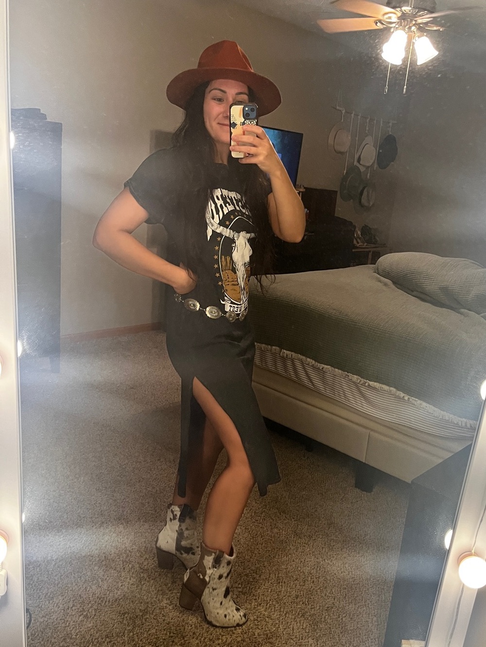 Black Western T-shirt Dress with Side Slit